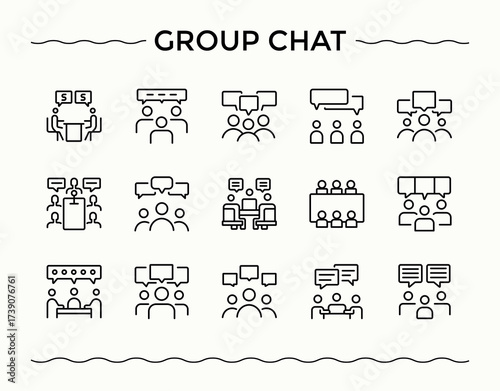 Group Chat modern icon set. Minimalist icons collection. Contains such icons as communication, communication, message, call, phone. Vector illustration. Contact modern icon set.