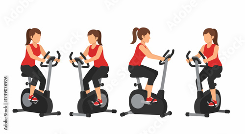 Collection of a woman character in different poses doing a cardio workout on a stationary bicycle.