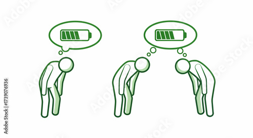 Two figures are depicted with their heads bowed, each with a thought bubble showing a nearly full battery, symbolizing low energy or fatigue.