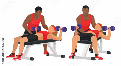 Assisted dumbbell bench press exercise illustration with spotter.