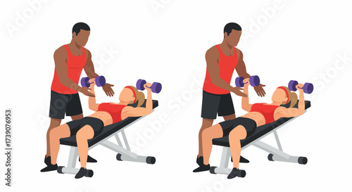 A woman performs an incline dumbbell chest press with a spotter assisting her.