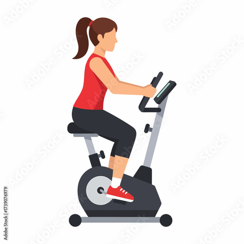 A woman in athletic wear is exercising on a stationary bicycle in a side profile view.