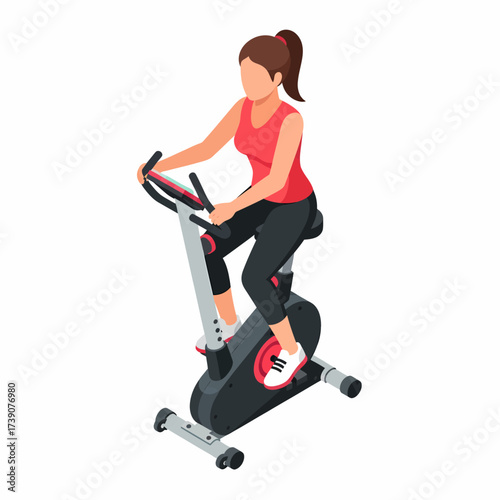A woman in a red tank top and black leggings exercises on a stationary bike in an isometric vector illustration.