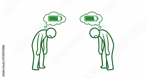 Two green stick figures with bowed heads and low battery thought bubbles symbolizing exhaustion and depleted energy levels.
