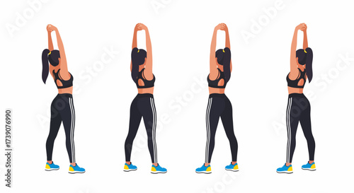 A woman in athletic wear performing a standing side bend stretch, illustrating flexibility and warm-up exercises for fitness.