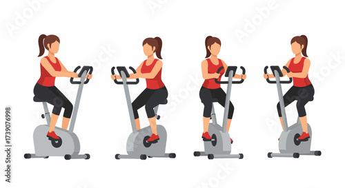 A woman in athletic wear cycling on a stationary exercise bike, shown in multiple views and poses.