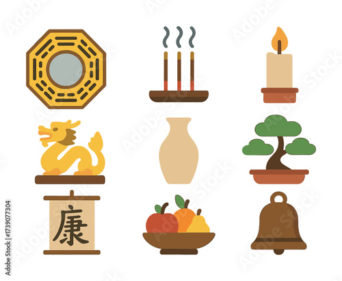 Vector Traditional asian symbols: feng shui, incense, candle, dragon, vase, bonsai, scroll, fruits, bell