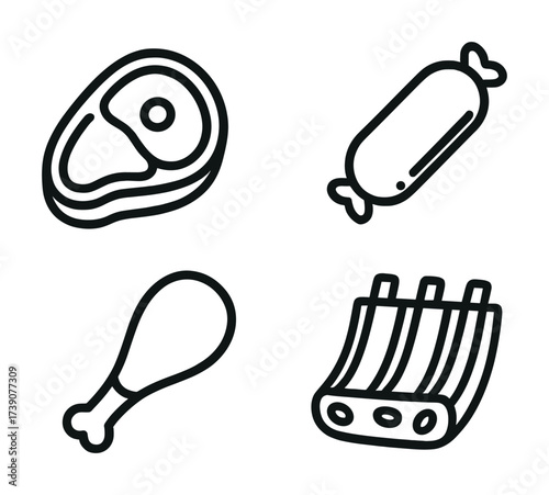 Vector Outline icons of meat cuts including steak, sausage, chicken leg, and ribs