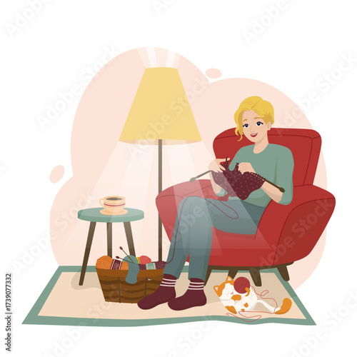 Vector illustration of a woman happily knitting in a cozy armchair, surrounded by a basket of colorful yarn and a sleeping cat. The setting exudes warmth and relaxation.
