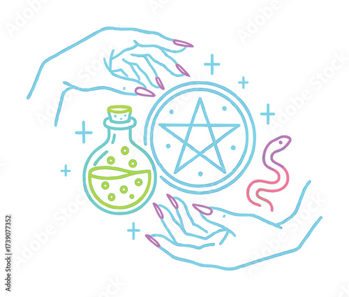 Vector Neon witchcraft symbols with hands, potion, pentagram, and snake