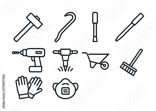 Vector Line art construction tools set: hammer, crowbar, screwdriver, drill, gloves, mask