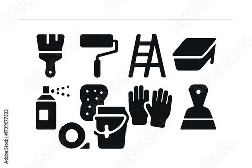 Vector Home improvement tools icons: paintbrush, roller, ladder, tray, spray, sponge, bucket, gloves, tape, scraper
