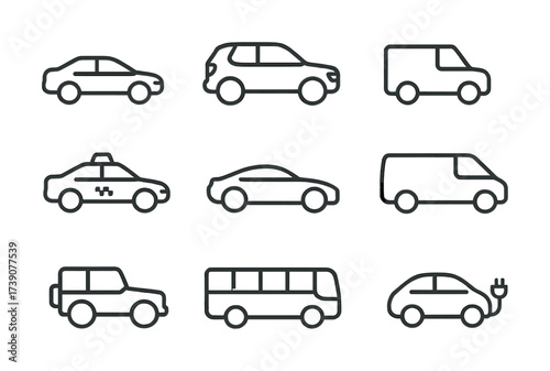 Vector Variety of vehicle icons: cars, vans, and buses