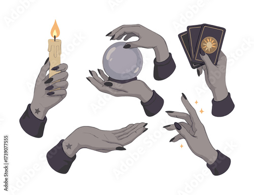Vector Mystical hands performing divination with candle, crystal ball, and tarot cards