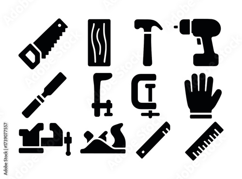 Vector Black silhouette icons of various construction and woodworking tools