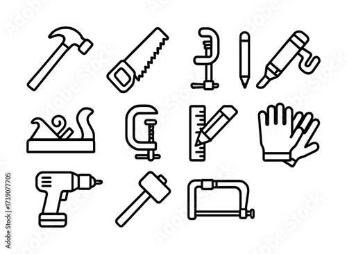 Vector Black and white icon set of essential handyman tools for diy projects