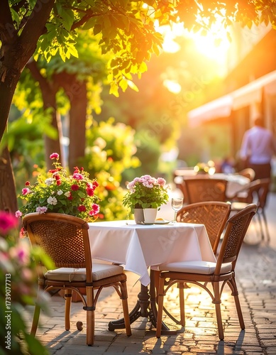 Outdoor cafe at sunset