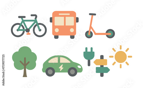 Vector Sustainable urban transportation: bicycle, bus, scooter, electric car, tree, solar energy
