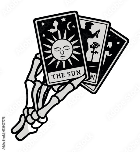 Vector Skeleton hand holding tarot cards featuring sun and key illustrations for mystical fortune telling