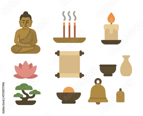 Vector Buddhist icons: buddha, incense, candle, lotus, scroll, bowl, vase, bonsai, bell, statue