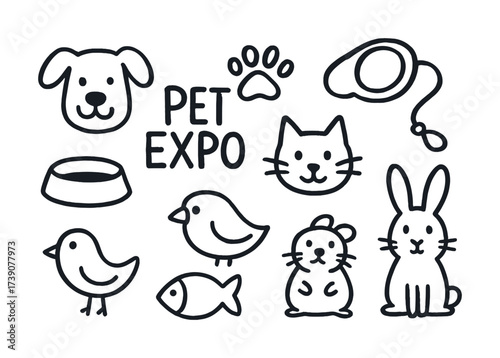 Vector Pet expo doodle art: dogs, cats, birds, fish, hamsters, rabbits, and accessories