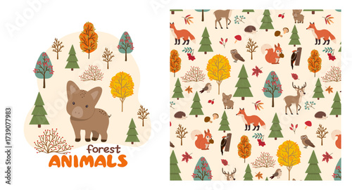 Charming vector illustration of various forest animals including boar, a fox, deer, and squirrel among trees and foliage. The playful woodland pattern adds a delightful touch to any design project.