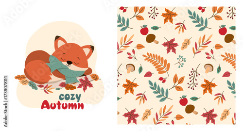 A cute fox in a scarf, peacefully nestled among vibrant autumn leaves. This charming vector illustration captures the essence of autumn in a delightful design. Vector illustration