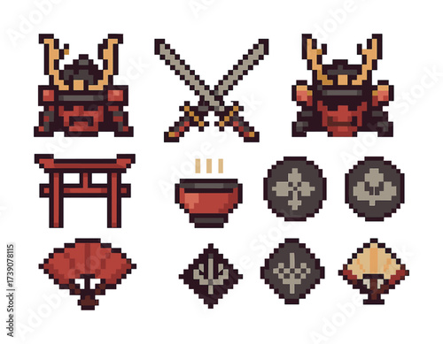 Vector Pixel art samurai icons with swords and traditional japanese symbols