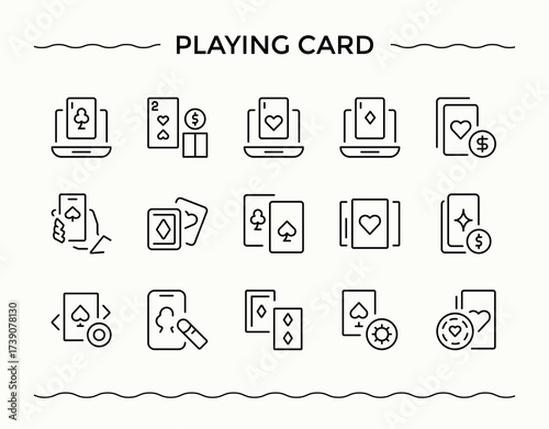 Playing Card line icon set. Minimal thin line web icons set. Roulette icon set. Includes symbols for casino, gambling, jack, playing, heart, chance, fortune and more.