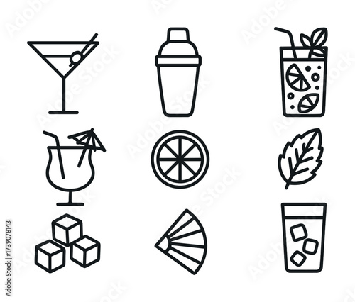 Vector Cocktail icon set: glasses, shaker, citrus slice, ice cubes, leaf