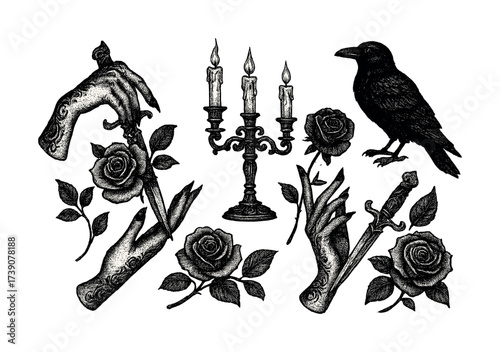 Vector Gothic tattoo design with raven, roses, candles, and daggers