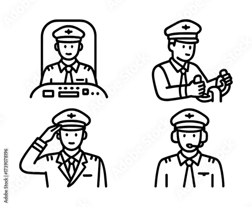 Vector Male pilot icons: uniforms, headsets, and control panels in black and white vector style