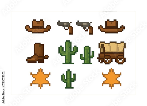 Vector Pixel art western icons: cowboy hats, pistols, cactus, boots, wagon, stars