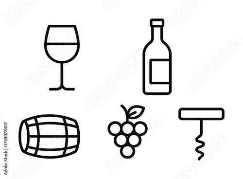 Vector Wine icon set: glass, bottle, barrel, grapes, corkscrew