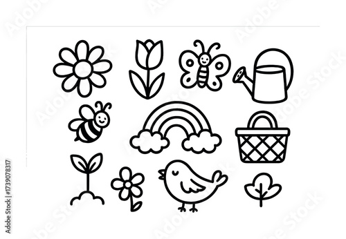 Vector Cute spring doodles: flower, bee, butterfly, bird, rainbow, watering can, basket