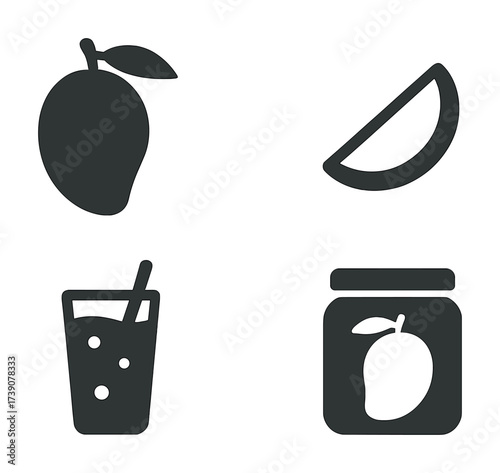Vector Mango icons set: whole, slice, juice, and jam black silhouettes