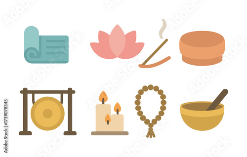 Vector Meditation essentials: yoga mat, lotus, incense, singing bowl, gong, candles, mala beads