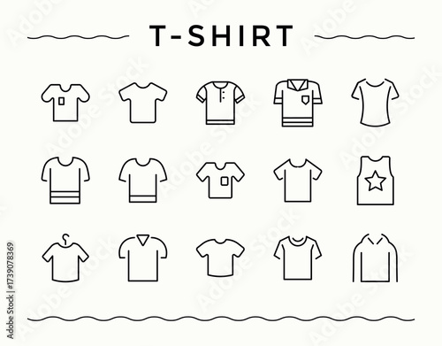 T-Shirt icon set. Clothes icon set. Icons for website. Pack of clothing, template, cloth, men, front and more. Editable stroke. Vector illustration.