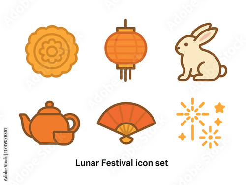 Vector Lunar festival icons: lantern, mooncake, rabbit, teapot, fan, fireworks