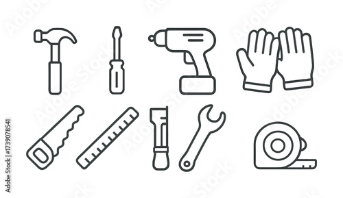 Vector Outline icons of hand tools and safety gear for construction and diy projects