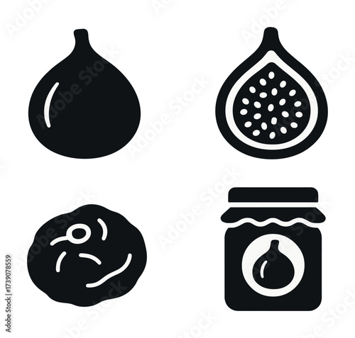 Vector Black icons of fig fruit, sliced fig, dried fig, and fig jam jar