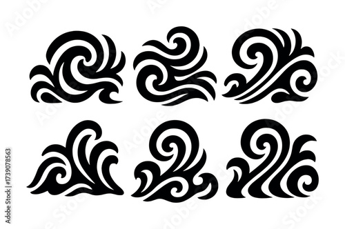 Vector Abstract black wave patterns set in various swirling designs
