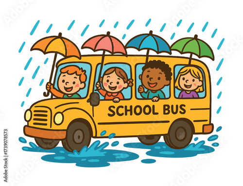 Vector Children riding school bus on rainy day with colorful umbrellas