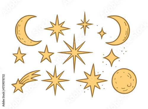 Vector Hand-drawn celestial objects: stars, moons, and sun on white background