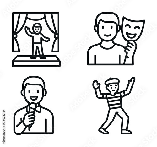 Vector Theatre and performance icons: acting, comedy, stage, microphone, mime