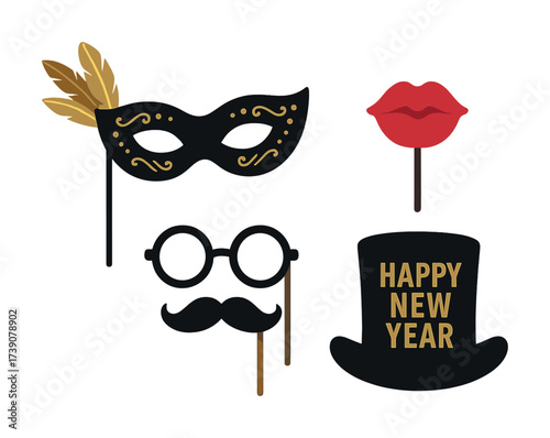Vector New year celebration props: mask, glasses, hat, lips on sticks for festive party