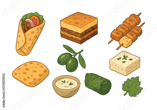 Vector Mediterranean food icons: wraps, skewers, olives, tofu, and more