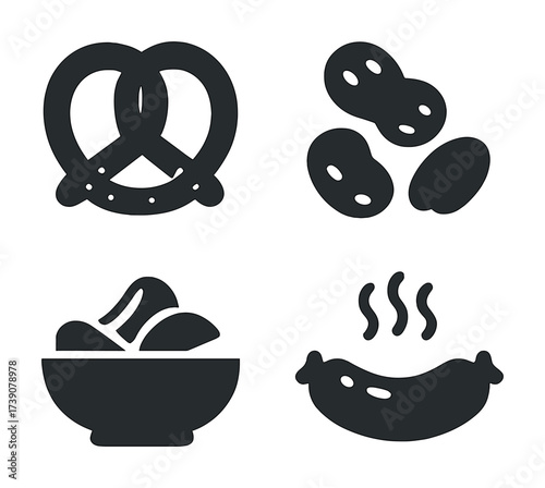 Vector Black silhouette german food icons: pretzel, potatoes, chips, sausage