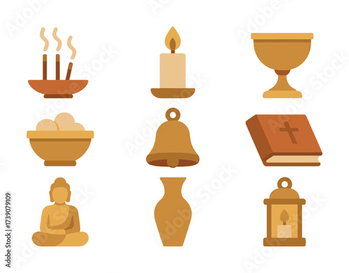 Vector Collection of religious symbols: incense, candle, chalice, offering, bell, bible, buddha, vase, lantern
