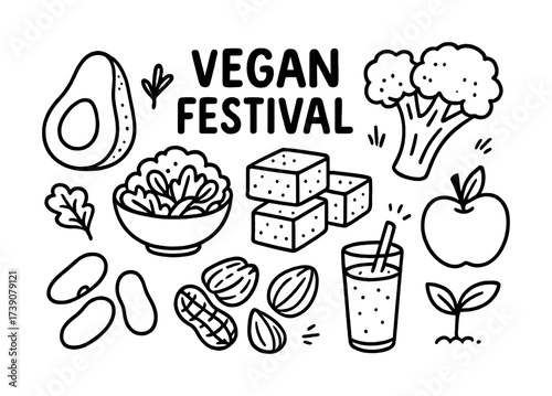 Vector Vegan festival celebration with avocado, broccoli, tofu, and nuts